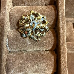 Vintage Brutalist Gold Tone Ring with Diamond Accents